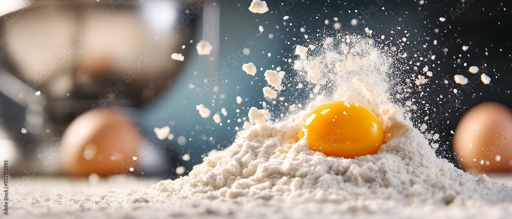 Egg yolk in flour explosion, baking concept. Egg yolk in flour explosion, baking concept.