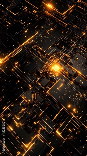 Wallpaper Mural Abstract 3D Render: Interconnected Black Cubes with Orange-Gold Illumination Torontodigital.ca