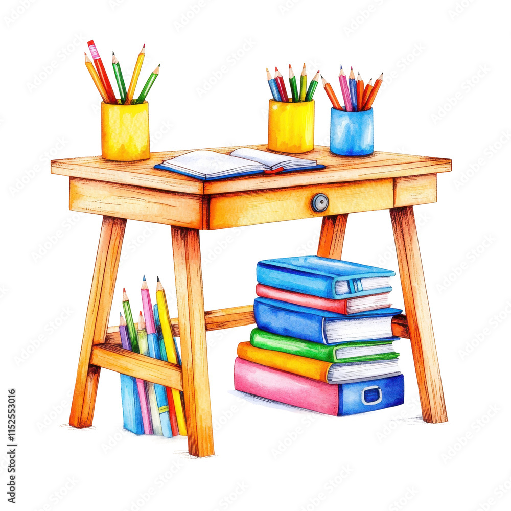 Fototapeta premium Wooden School Desk with Scattered Books and Supplies