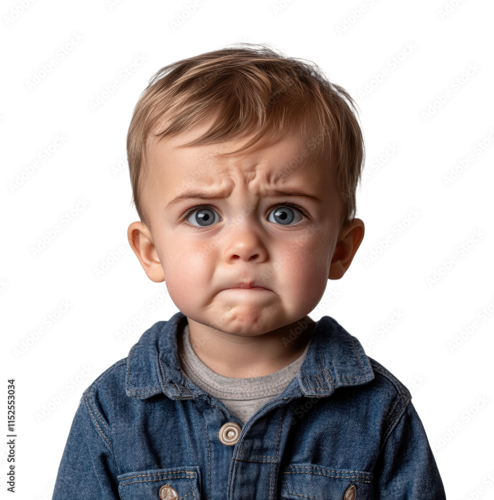 Cute toddler with expressive face, wearing denim jacket, adorable child portrait with emotional expression, innocence and charm isolated on transparent background Cute toddler with expressive face, wearing denim jacket, adorable child portrait with emotional expression, innocence and charm isolated on transparent background