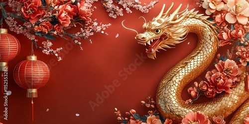 Wallpaper Mural A majestic golden dragon coils with red lanterns and cherry blossoms, creating a festive atmosphere for Lunar New Year celebrations, perfect for marketing and design. Torontodigital.ca