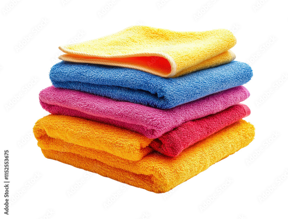 Stack of vibrant folded towels in yellow, blue, pink, and orange, soft fabric perfect for bath and cleaning purposes isolated on transparent background Stack of vibrant folded towels in yellow, blue, pink, and orange, soft fabric perfect for bath and cleaning purposes isolated on transparent background