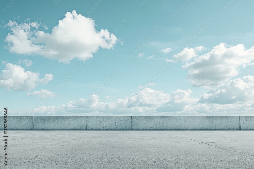 Empty concrete rooftop with blue sky and clouds.