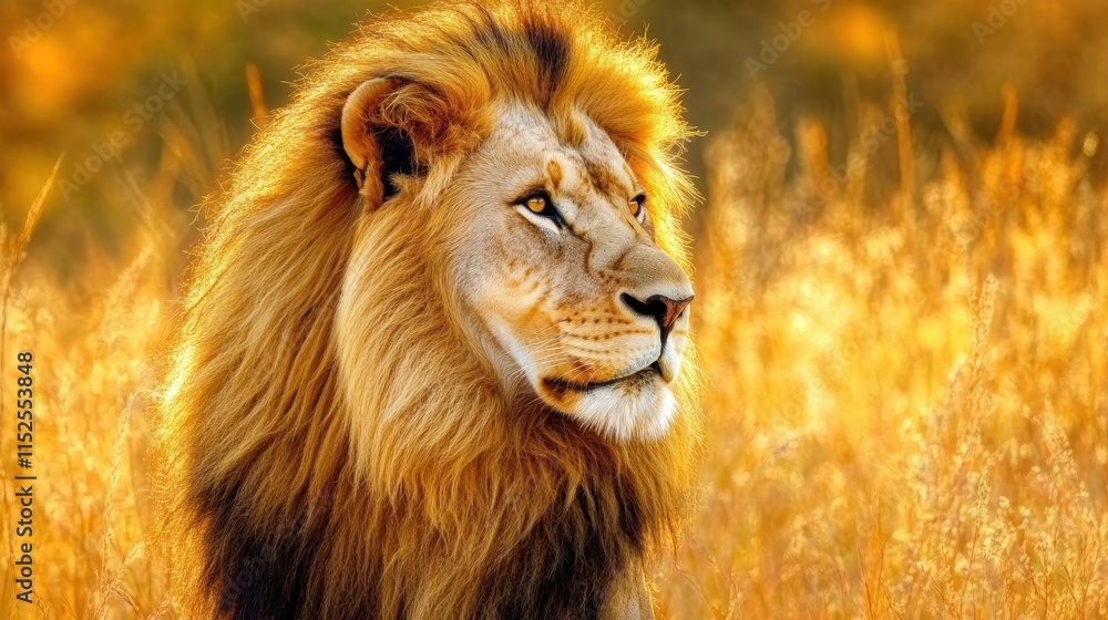 Majestic male lion in golden savanna grass. Majestic male lion in golden savanna grass.