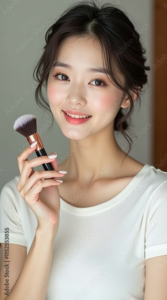 Korean woman in white attire holding a blush brush and smiling, ideal for cosmetic product branding and beauty advertising. Korean woman in white attire holding a blush brush and smiling, ideal for cosmetic product branding and beauty advertising.