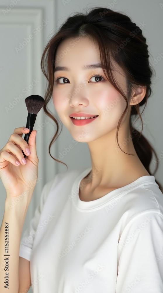 Korean woman smiling with a makeup brush in hand, highlighting a youthful and cheerful vibe, perfect for beauty or personal care promotions. Korean woman smiling with a makeup brush in hand, highlighting a youthful and cheerful vibe, perfect for beauty or personal care promotions.