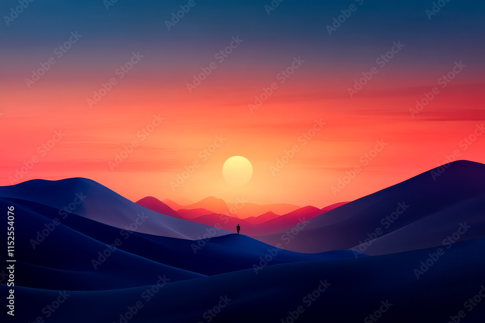 Fototapeta premium A serene landscape at sunset, featuring soft hills silhouetted against a vibrant sky, highlighting the beauty of nature and tranquility.