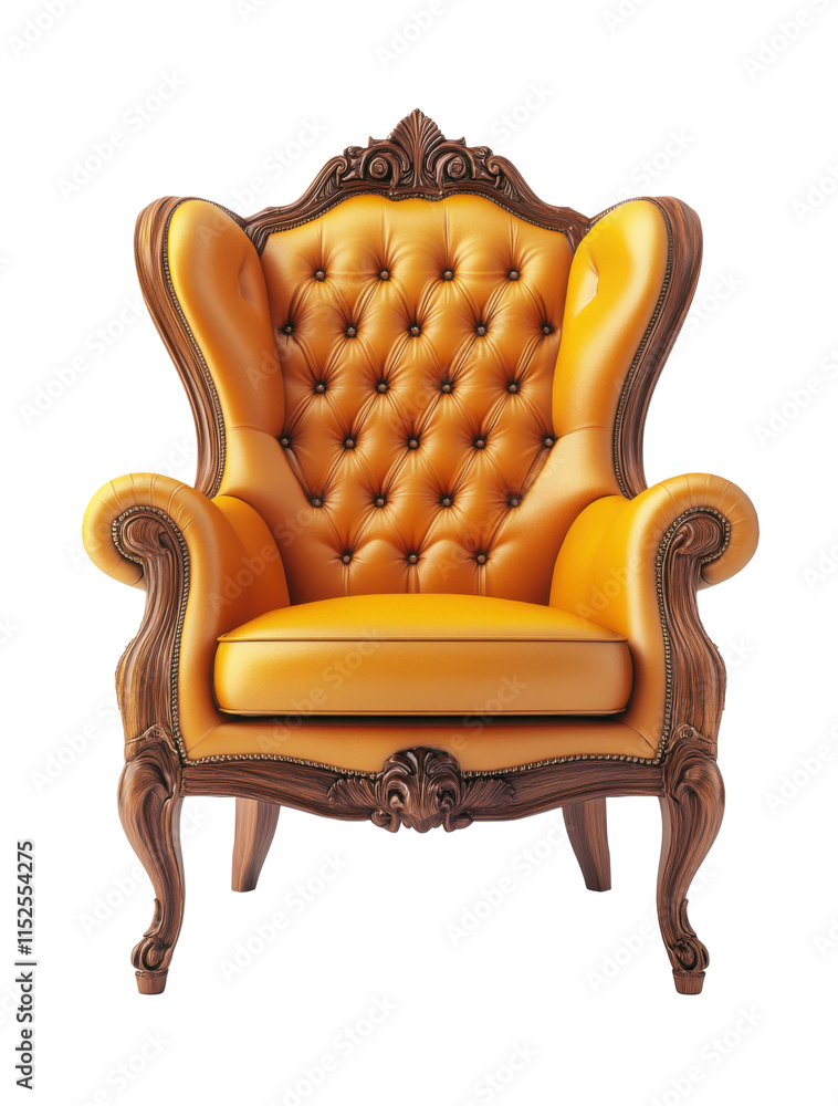 Luxurious tufted armchair in yellow leather with carved wooden frame, vintage design for elegant interior or classical decor themes isolated on transparent background Luxurious tufted armchair in yellow leather with carved wooden frame, vintage design for elegant interior or classical decor themes isolated on transparent background