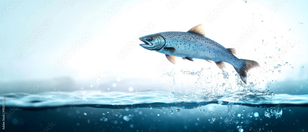 Obraz premium A fish leaps above the water's surface, creating splashes, against a soft-focus background that highlights its dynamic motion and aquatic environment.