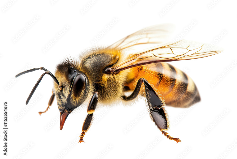 Detailed closeup of honey bee with intricate wings, fuzzy body, and vibrant stripes, essential pollinator and insect isolated on transparent background Detailed closeup of honey bee with intricate wings, fuzzy body, and vibrant stripes, essential pollinator and insect isolated on transparent background