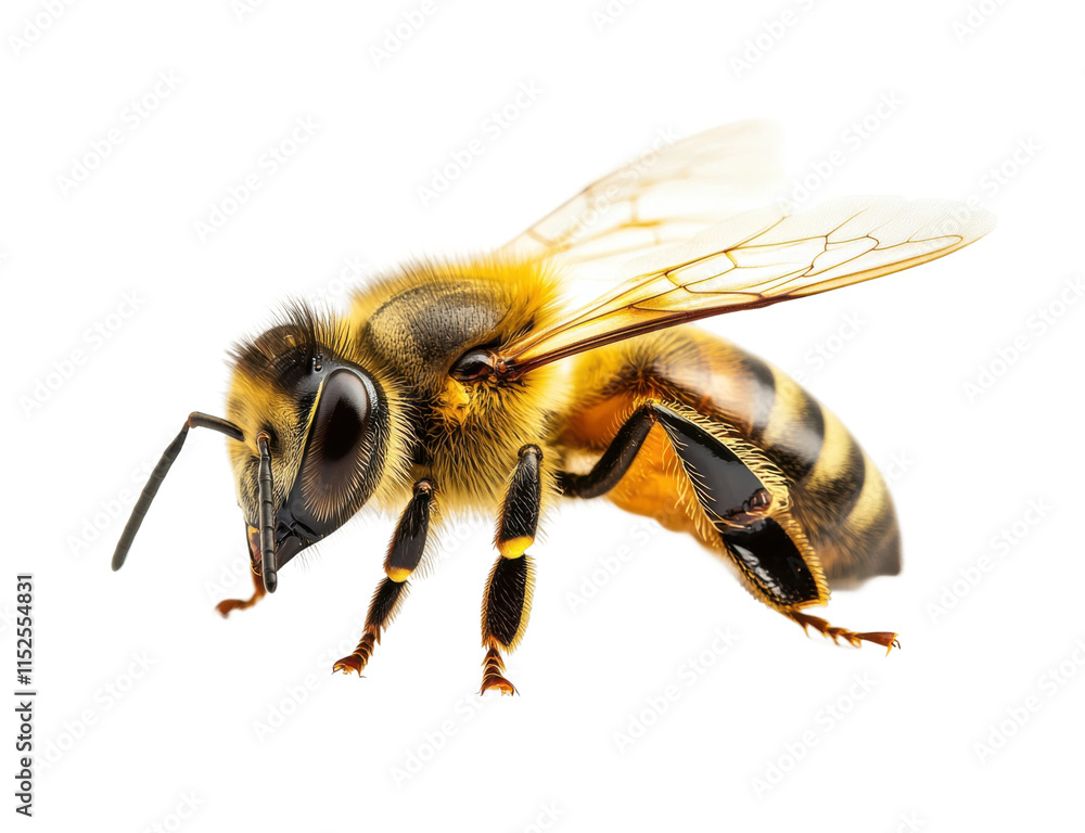 Closeup of a detailed honeybee with translucent wings, vibrant yellow and black body, intricate design, symbol of nature and pollination isolated on transparent background Closeup of a detailed honeybee with translucent wings, vibrant yellow and black body, intricate design, symbol of nature and pollination isolated on transparent background
