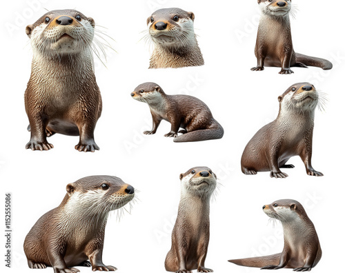 a collection of nine cute otter in various poses. isolated on a transparent background the otter is shown sitting. standing. and looking in different directions photo