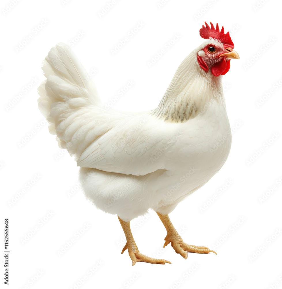 Fototapeta premium White chicken hen with fluffy feathers, standing gracefully, domestic farm poultry for agricultural themes, rural countryside lifestyle isolated on transparent background