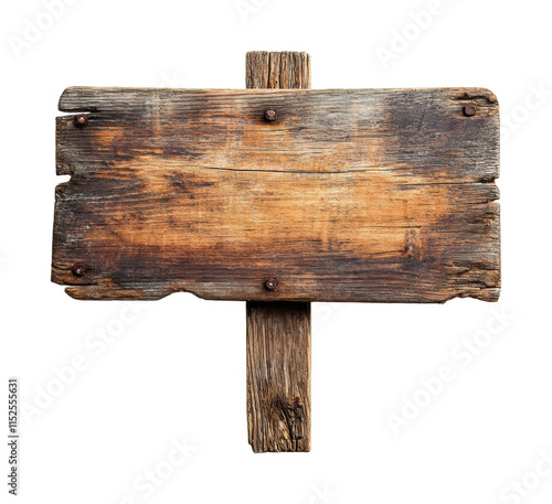 Rustic wooden signboard with aged texture isolated on white background for vintage decor, cafes, and directional signs on transparent background photo