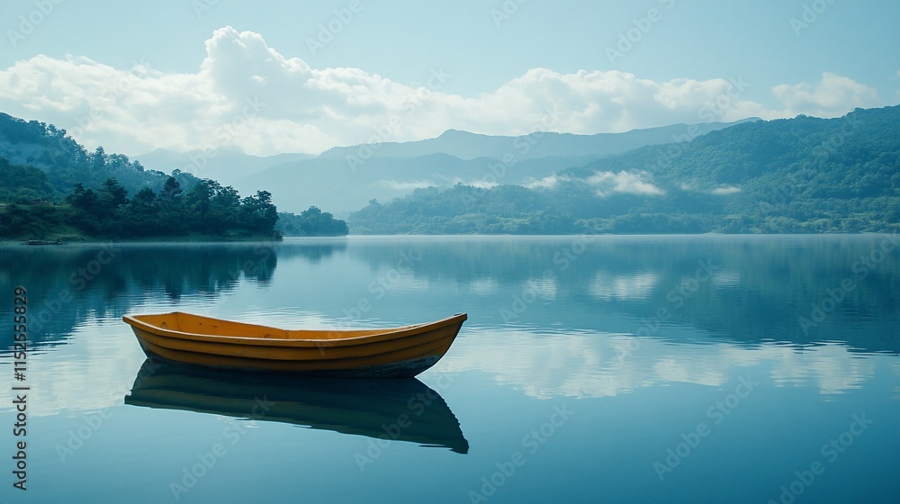 Serene lake scene with a yellow boat reflecting in calm waters, surrounded by lush greenery and misty mountains. Serene lake scene with a yellow boat reflecting in calm waters, surrounded by lush greenery and misty mountains.