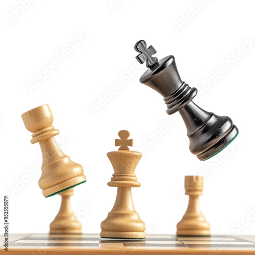 Chess pieces in black and white falling, scattered game board kings, queens, rooks isolated on white background for strategy concepts photo