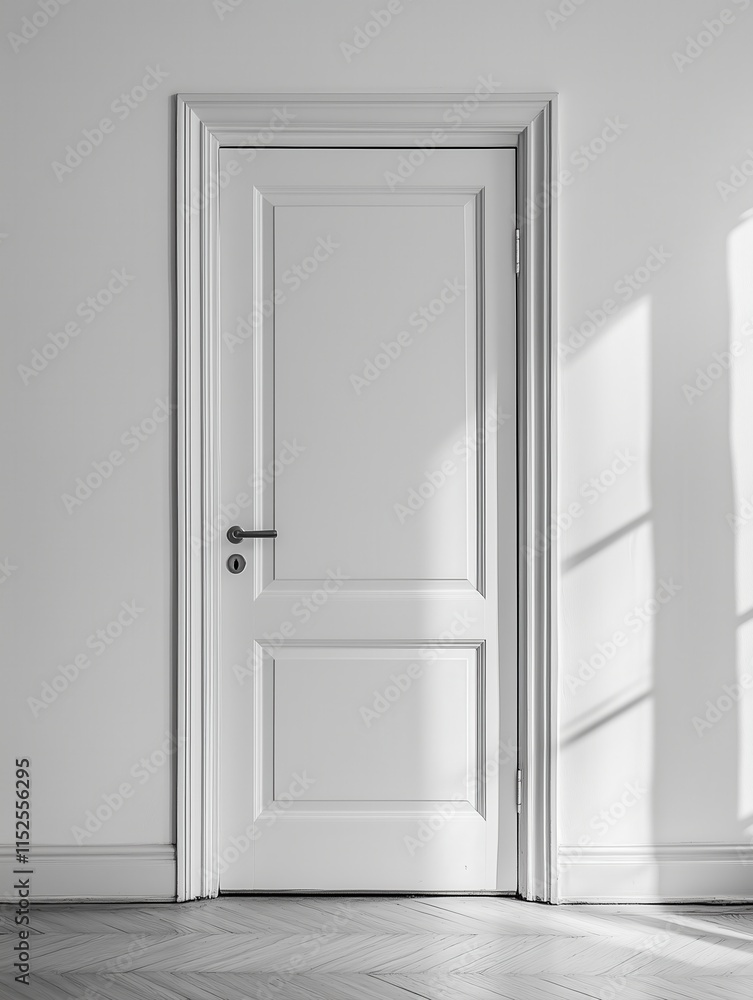 Closed white door casting shadows on hardwood floor in minimalist room Closed white door casting shadows on hardwood floor in minimalist room