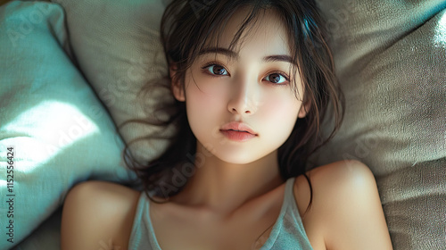 キャミソール姿で仰向けに寝転ぶ若いアジア人女性
