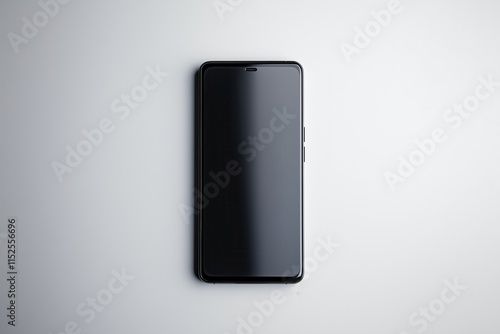 Modern smartphone lying on white table with blank screen displaying reflection