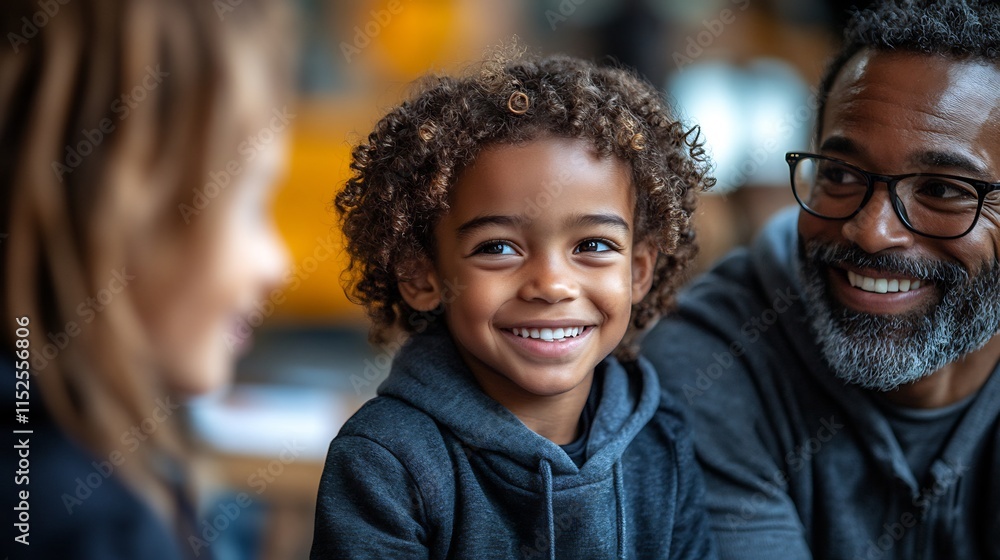 Parents teachers discussing a students progress in a school meeting with the child sitting proudly between them smiling at the praise Parents teachers discussing a students progress in a school meeting with the child sitting proudly between them smiling at the praise