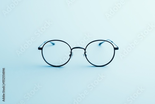 Round black eyeglasses resting on a light blue background photo