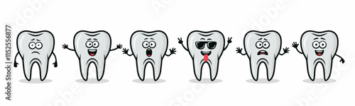 Adorable Tooth Characters Showing Different Emotions. Flat Vector Tooth Illustration - Happy, Excited, Sad, Scared Expressions. Cute Tooth Design Templates for Dental Logos, Marketing, Dental Branding