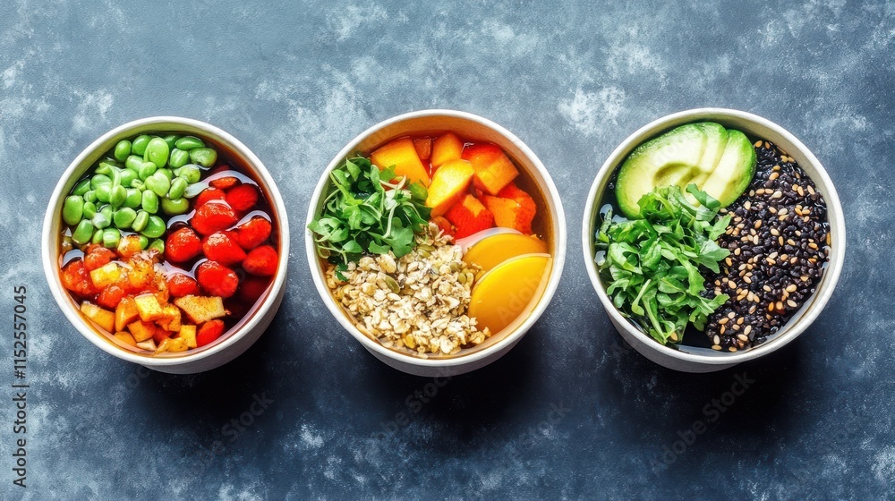 Colorful bowls of healthy food options. Colorful bowls of healthy food options.