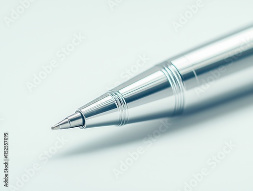 Shiny silver pen lying diagonally on white background photo