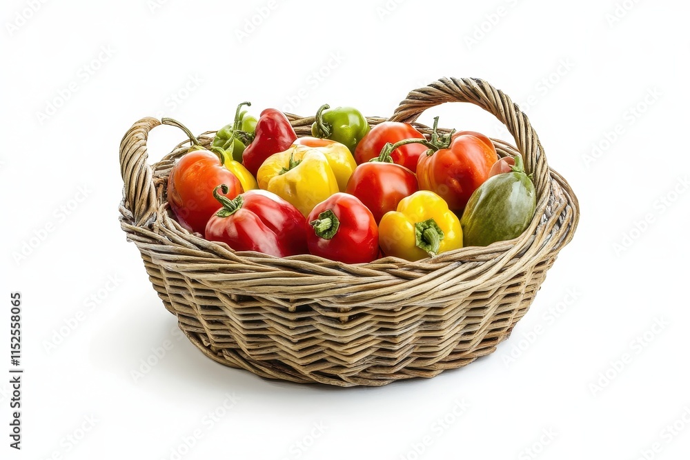 Colorful bell peppers and tomatoes in a wicker basket. (2) Colorful bell peppers and tomatoes in a wicker basket. (2)