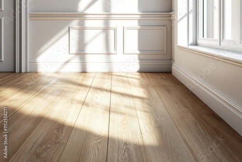 Sunlit hardwood floor in bright room.
