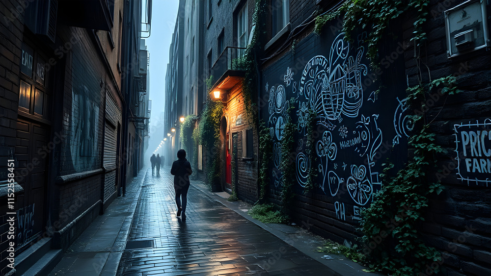 Obraz premium rainy night in the city streets and alleys. elaborate murals on brick and block walls lining the alley ways and cobblestone streets. Moody, gritty and spooky.