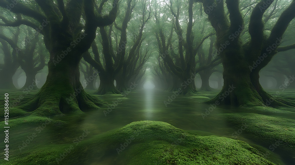 Obraz premium Moss Covered Trees Line A Misty Forest Path