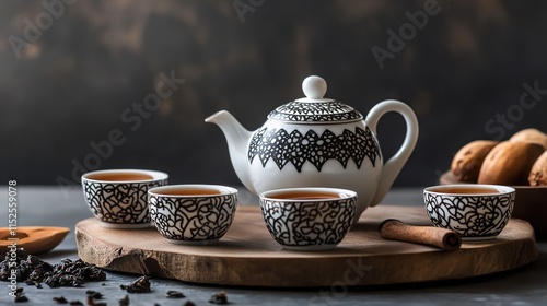 Traditional Arabic tea setup featuring an elegant teapot and delicate cups, showcasing the rich cultural heritage of Arabic tea rituals. This scene emphasizes the intricate details of the teapot 