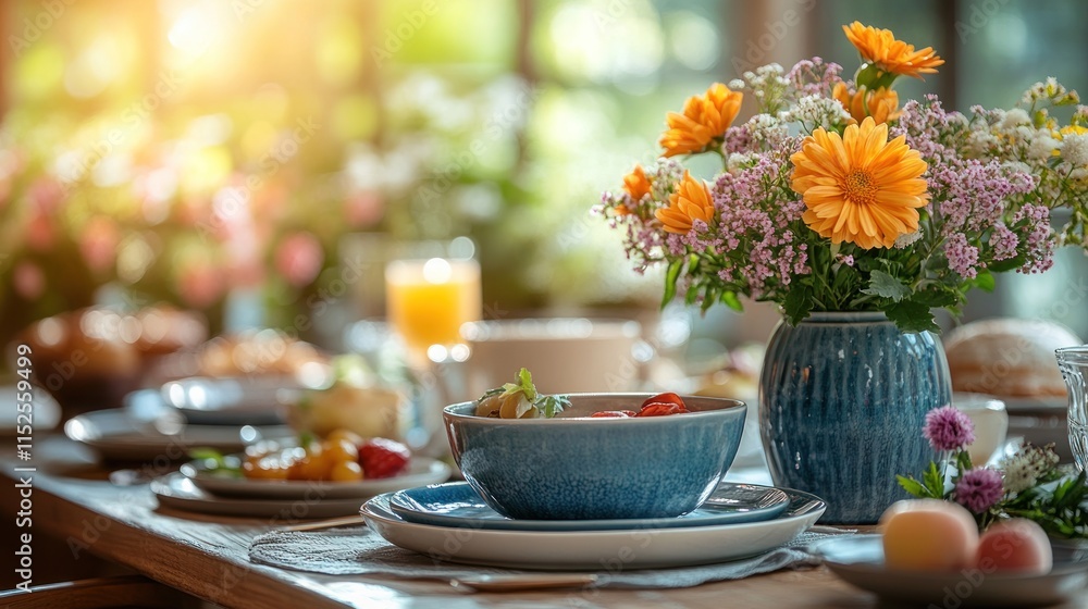 A beautifully arranged dining table with fresh flowers and a variety of food items. A beautifully arranged dining table with fresh flowers and a variety of food items.