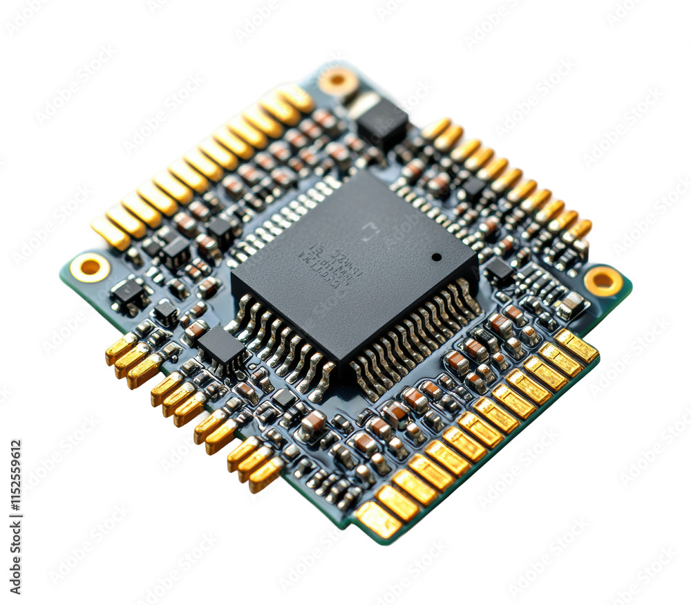 Modern electronic microchip with gold pins and compact design, essential technology component for computers, gadgets, and circuit boards isolated on transparent background Modern electronic microchip with gold pins and compact design, essential technology component for computers, gadgets, and circuit boards isolated on transparent background