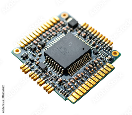 Modern electronic microchip with gold pins and compact design, essential technology component for computers, gadgets, and circuit boards isolated on transparent background photo