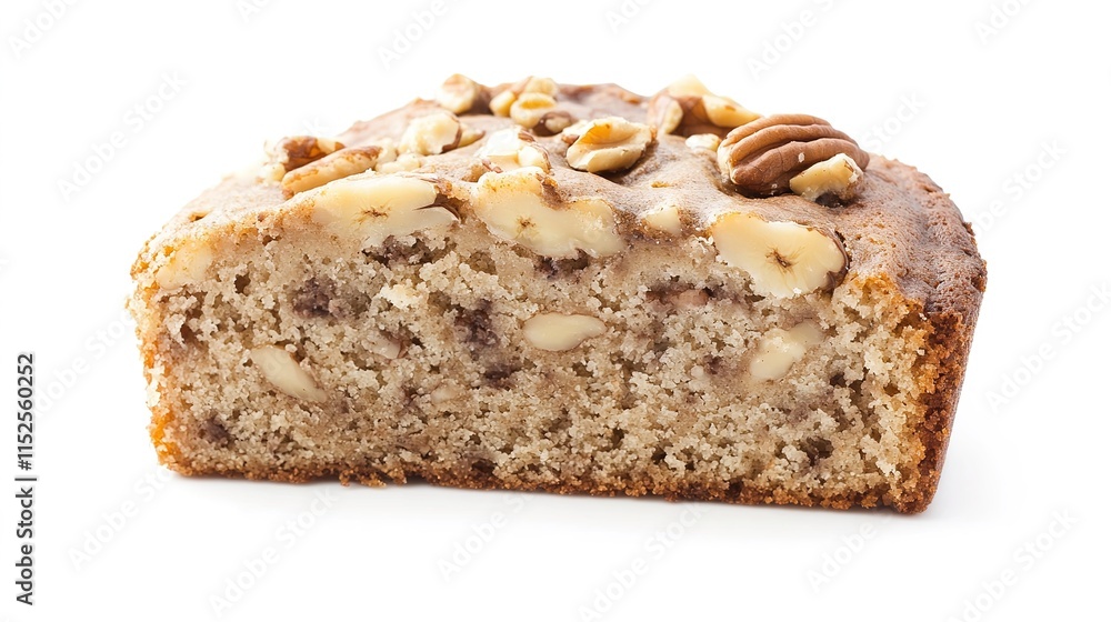 A delicious slice of Banana Nut Cake, showcasing a moist and fluffy texture, with rich banana flavor and crunchy nut pieces, isolated on a clean background for a mouthwatering dessert presentation. A delicious slice of Banana Nut Cake, showcasing a moist and fluffy texture, with rich banana flavor and crunchy nut pieces, isolated on a clean background for a mouthwatering dessert presentation.