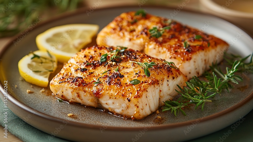 Pan-seared fish fillets with lemon and herbs. Pan-seared fish fillets with lemon and herbs.