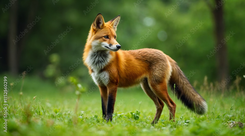 Red fox standing in a green forest, looking alert and majestic Red fox standing in a green forest, looking alert and majestic
