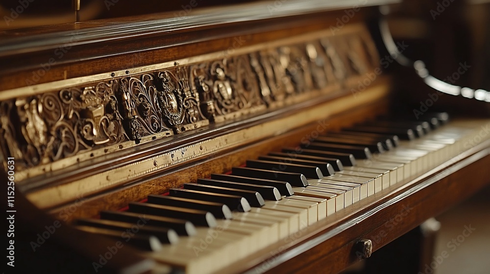Ornate antique piano keyboard detail. Ornate antique piano keyboard detail.