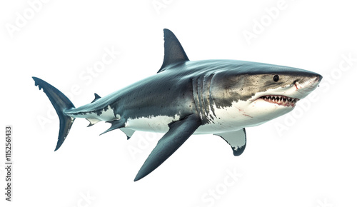 Great white shark swimming powerfully in the ocean, showing sharp teeth and muscular body, representing marine life, predator strength, and nature isolated on transparent background