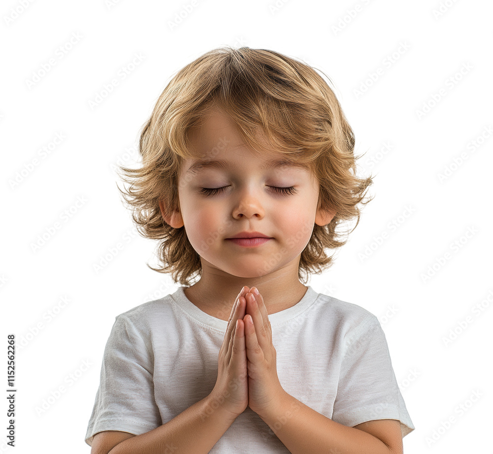 Adorable child praying with closed eyes, wearing a white shirt, peaceful expression, symbol of innocence and spirituality, portrait of young boy isolated on transparent background Adorable child praying with closed eyes, wearing a white shirt, peaceful expression, symbol of innocence and spirituality, portrait of young boy isolated on transparent background