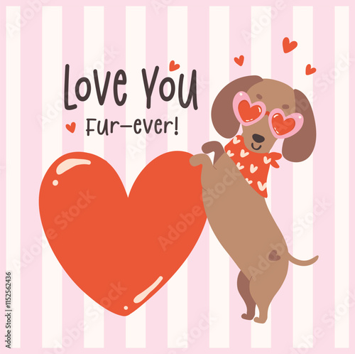 Cute Valentine Dachshund Dog with Heart Greeting Card Retro Cartoon Illustration Printable