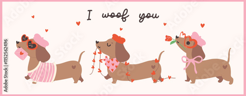 Group of Cute Valentine Dachshund Dog delivery love Retro Cartoon Illustration Banner Greeting Card Printable