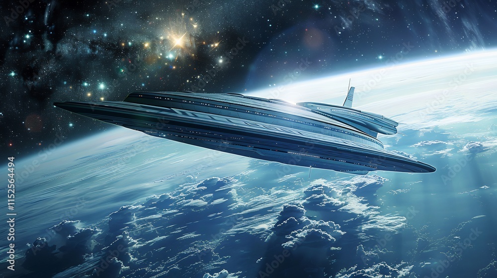 Fototapeta premium Spaceship above Earth: A Futuristic Journey Through the Cosmos