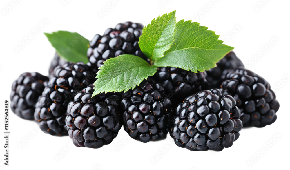 Cluster of fresh blackberries with green leaves, ripe fruit, and vibrant color, natural berry food photography for healthy eating design isolated on transparent background Cluster of fresh blackberries with green leaves, ripe fruit, and vibrant color, natural berry food photography for healthy eating design isolated on transparent background
