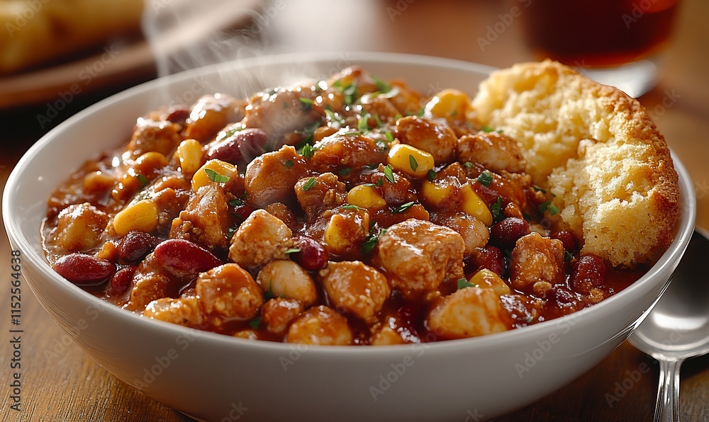 Hearty chicken chili with cornbread. Steam rising from bowl of chili, chunks of chicken, beans, corn, and spices. Hearty chicken chili with cornbread. Steam rising from bowl of chili, chunks of chicken, beans, corn, and spices.