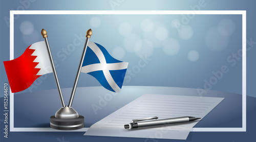Bahrain and Scotland National flags on small table with bokeh background, cooperative relationship