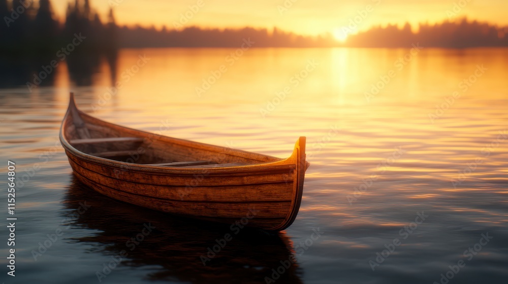 Wooden boat floats serenely on calm lake at sunset, reflecting golden light. Wooden boat floats serenely on calm lake at sunset, reflecting golden light.