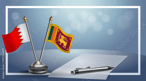 Bahrain and Sri Lanka National flags on small table with bokeh background, cooperative relationship